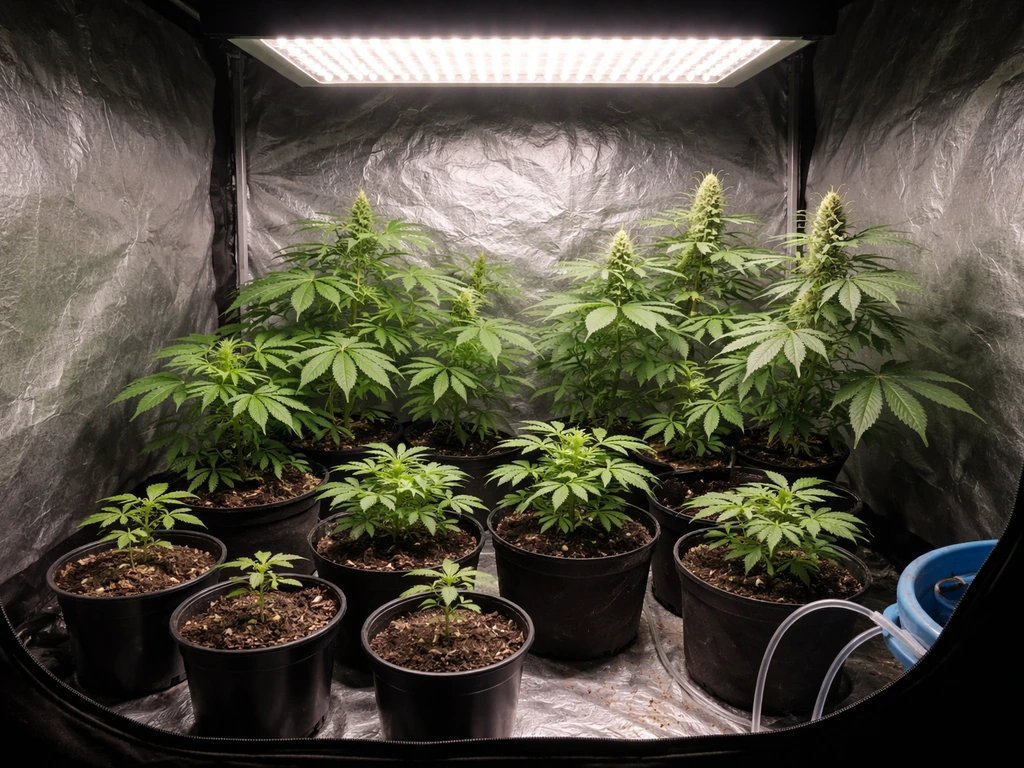 LED grow tent with several plants at different stages under a bright canopy, nutrient-ready soil and hoses.