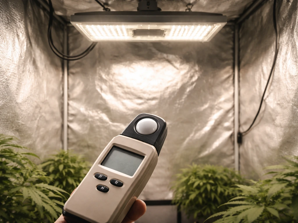Minimal 4x4 grow tent with an LED fixture glowing overhead and a handheld meter on the floor