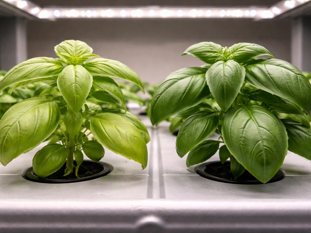 Side-by-side close-up of two LED-grown plants showing pale nitrogen-lean leaves vs deeper green vigor.