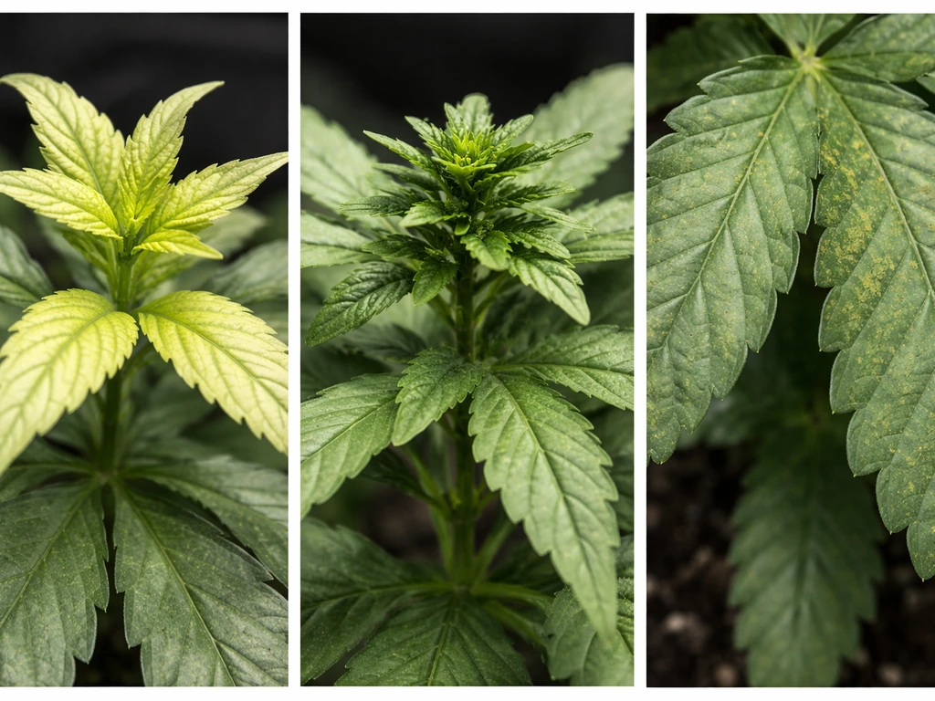 Close-up of three LED-grown plant leaves showing nutrient deficiency spots: yellowing, speckling, and stunted growth.