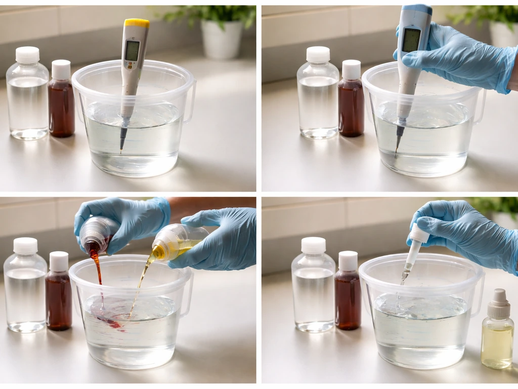 Gloved hands mixing nutrient solution with an EC meter probe and pH adjuster beside a measuring cup.