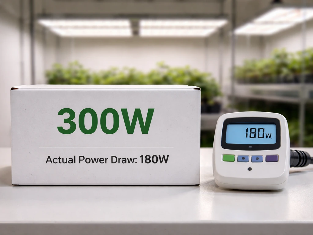 LED grow light label beside a power meter showing higher marketing watts than actual wall draw.