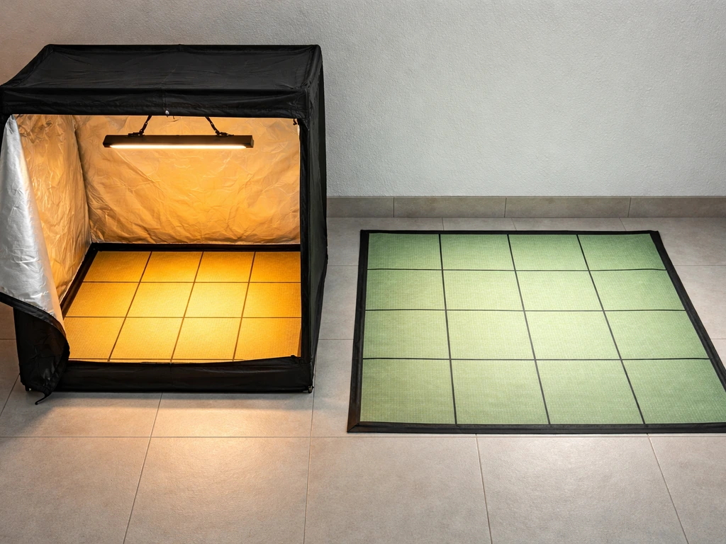 Overhead view of a small grow tent with two simple canopy grids showing flowering vs veg wattage ranges
