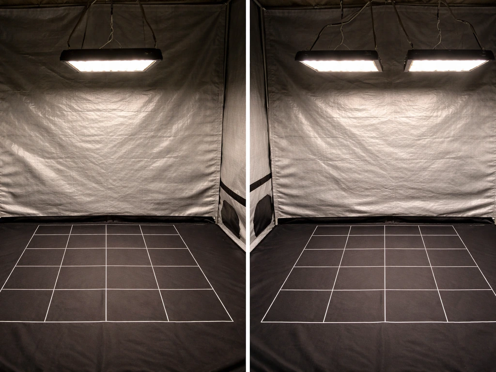 Split-style photo showing one centered 300W grow light versus two lights over the same 4x4 grid.