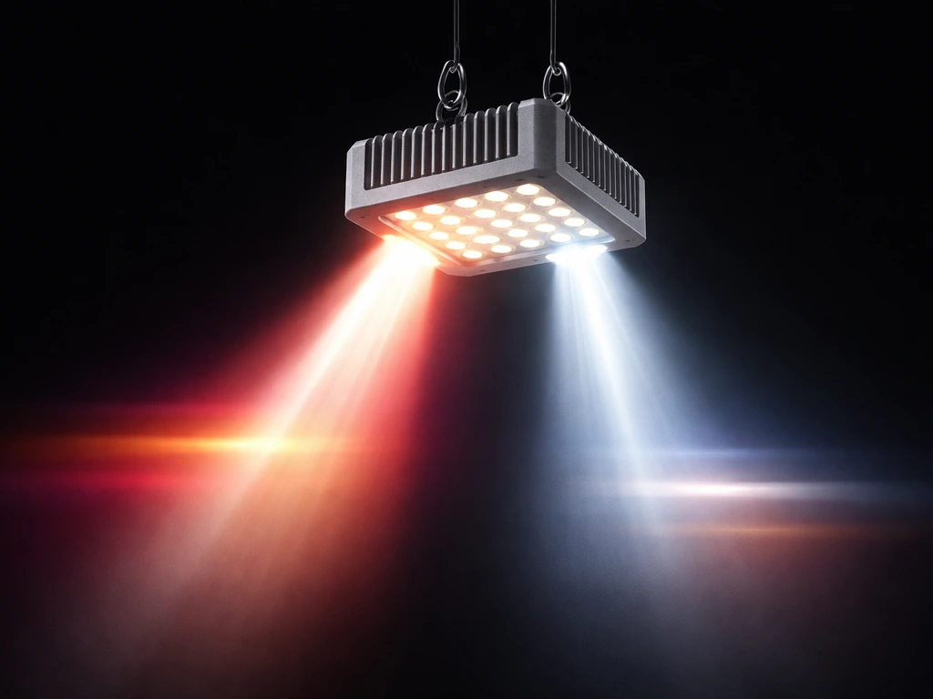 Macro photo of a grow light casting cool white plus warm red glowing bands versus mostly white glow.