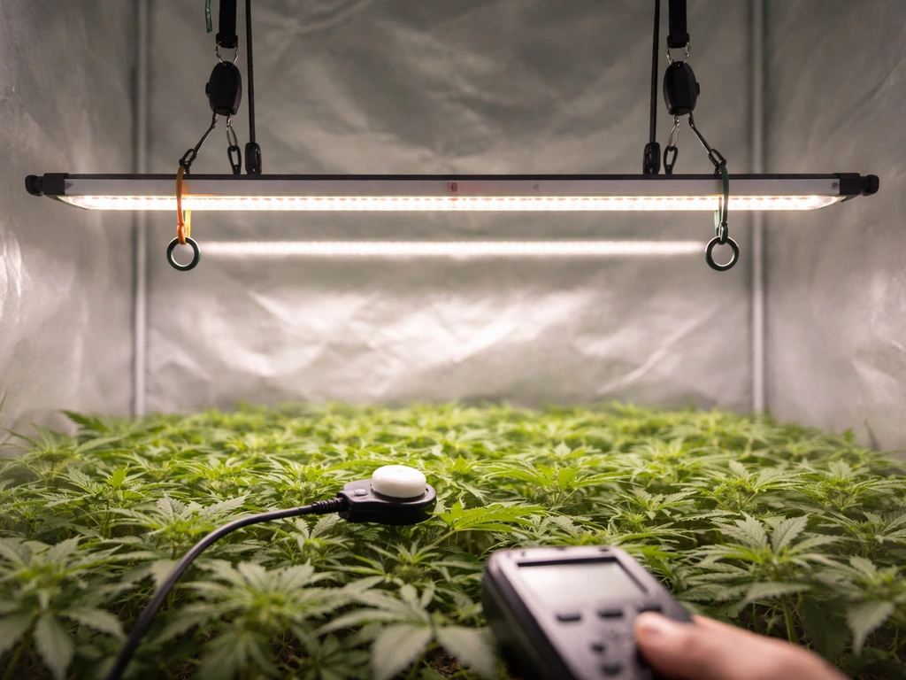 Adjustable 300W LED light hanging over a grow tent canopy with a PAR meter at leaf height