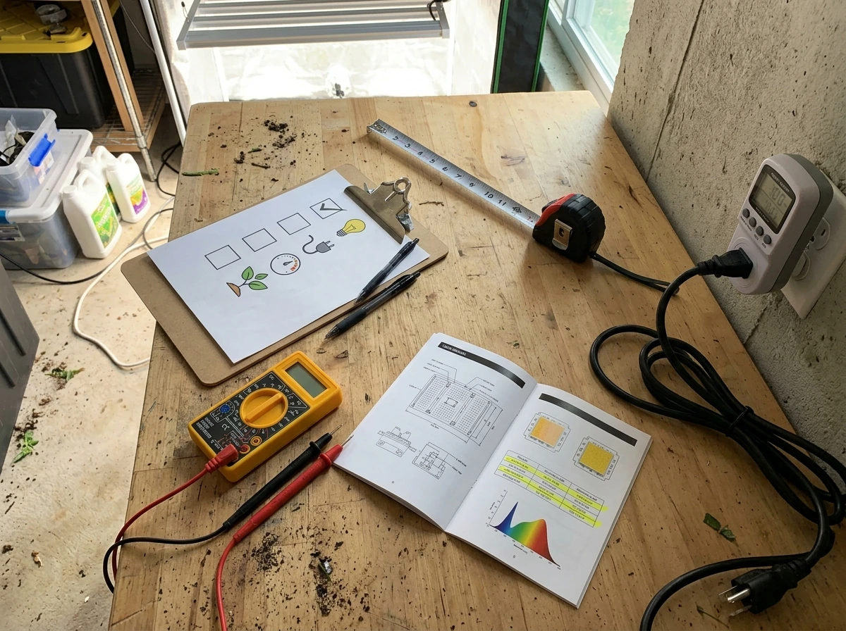 Specs checklist checklist on a clipboard with grow light labels and ruler