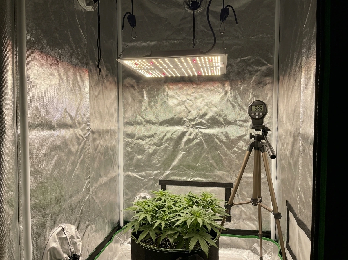 2x2 grow tent with LED centered and canopy-level PPFD meter