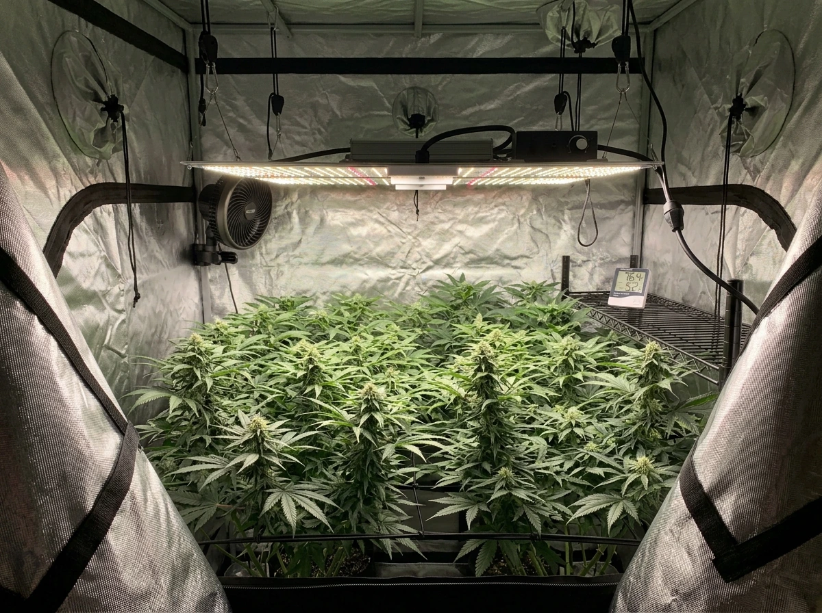 4x4 grow tent with multiple plants showing uniform canopy lighting