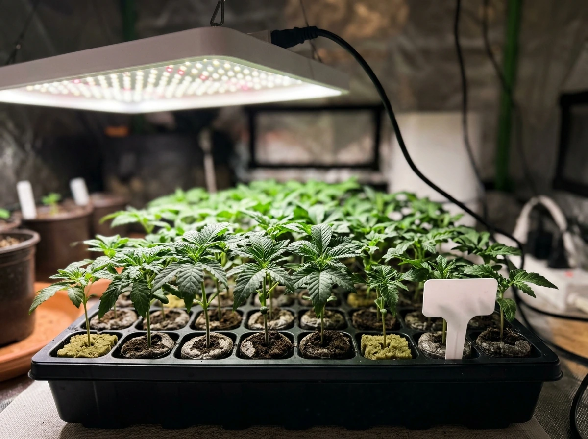 Seedlings and clones under a low-intensity LED with leaves closeup