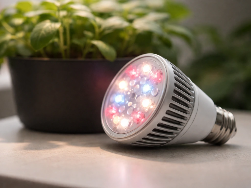 Close-up of a screw-in LED grow light bulb next to a small indoor plant canopy.