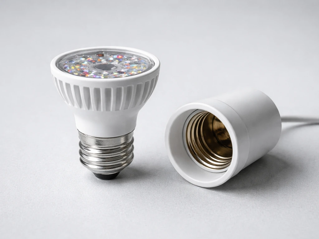 Close-up of an E26 screw-base LED grow bulb beside an empty E26 socket showing a screw-in fit