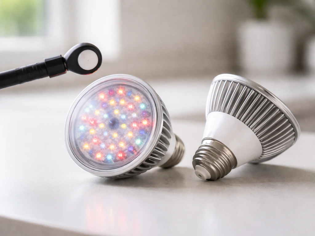 Two LED bulbs on a counter, with a PPFD meter probe hovering over one bulb for a reading.