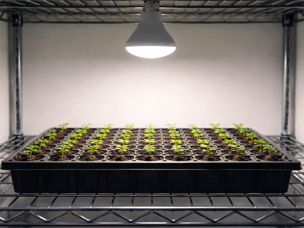Seedling tray with evenly spaced seedlings under a screw-in BR30 grow bulb on a propagation shelf.