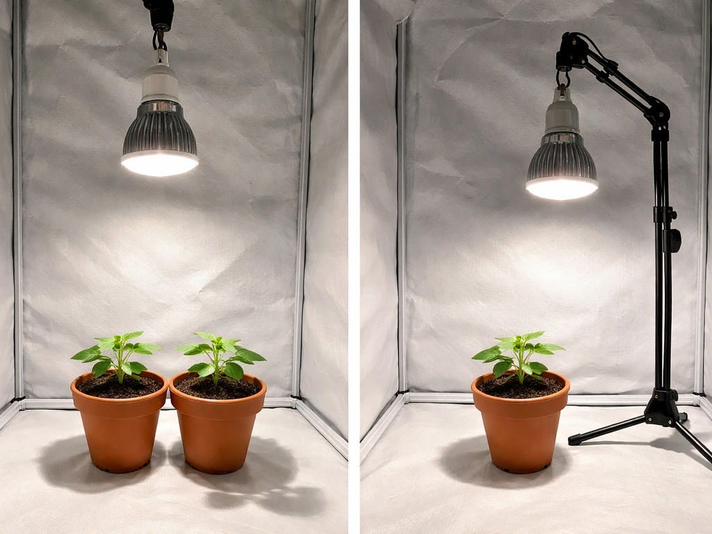 Split grow setup: LED bulb too close vs raised for even canopy lighting on seedlings.