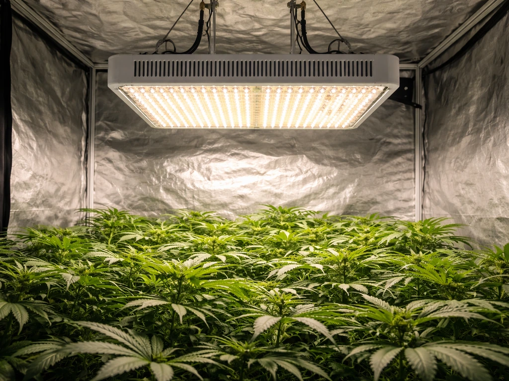 1500W-class LED grow light in a grow tent over a leafy cannabis canopy under bright illumination