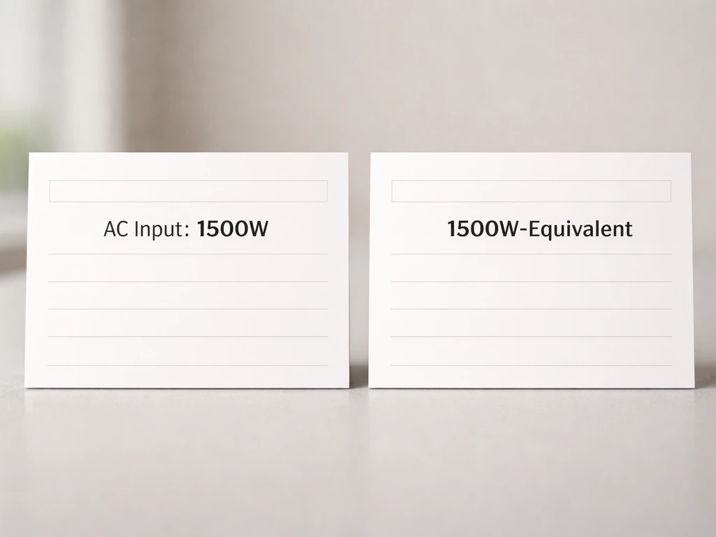 Two side-by-side grow light label cards showing true AC input watts vs “1500W-equivalent” marketing wording.