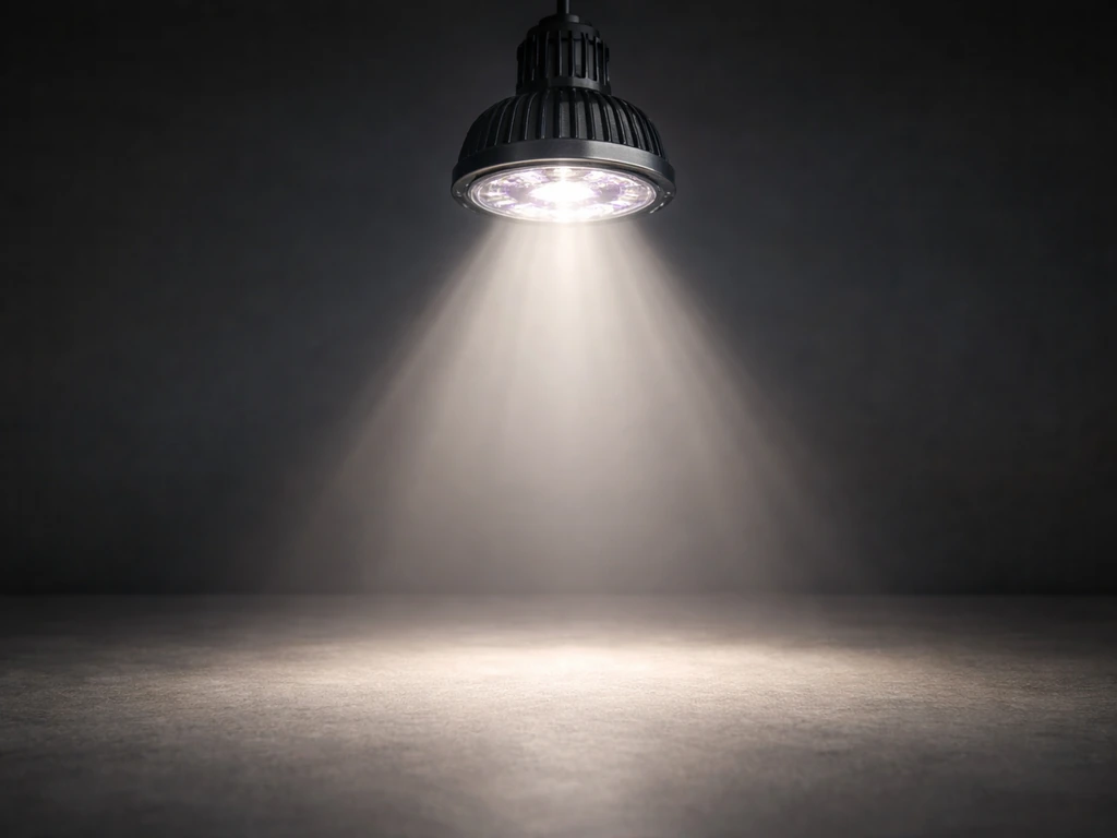 A grow-light fixture on a plain surface projecting a cone of light outward, suggesting photon output.