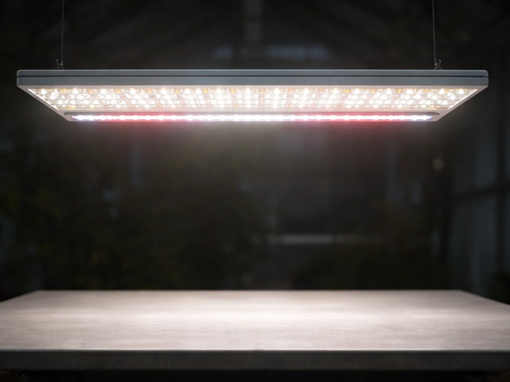 White broad-spectrum LED grow light with a subtle far-red glow on a clean indoor growing background.