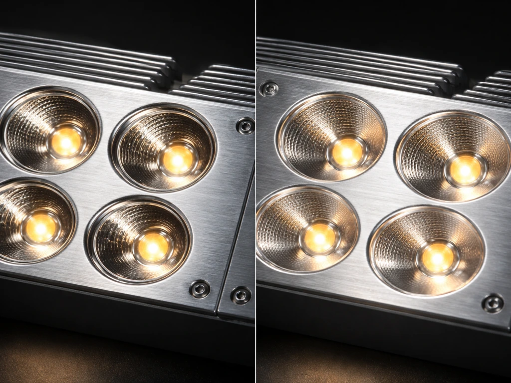 Close-up of two LED grow light optics showing tighter beam vs wider light spread