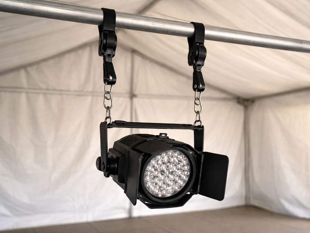 Fixture suspended from tent crossbar on ratchet hangers, leveled at target height above a clean workspace.