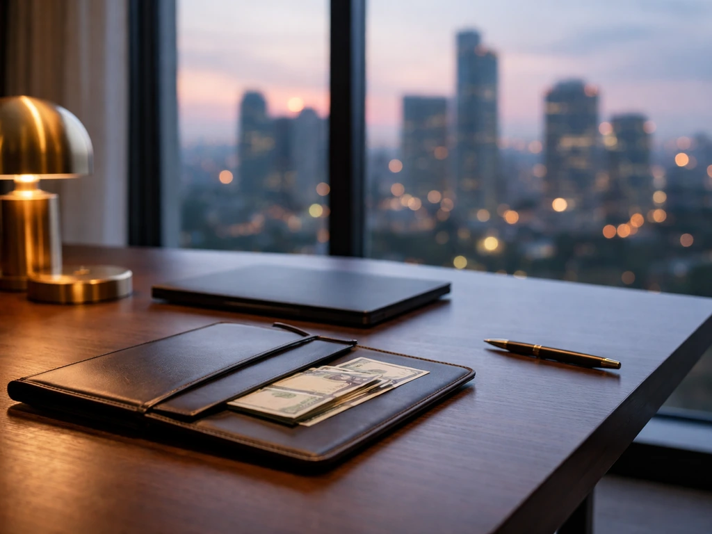 Luxury downtown office window view with subtle money-themed props, evoking The Money Store era and wealth-building.