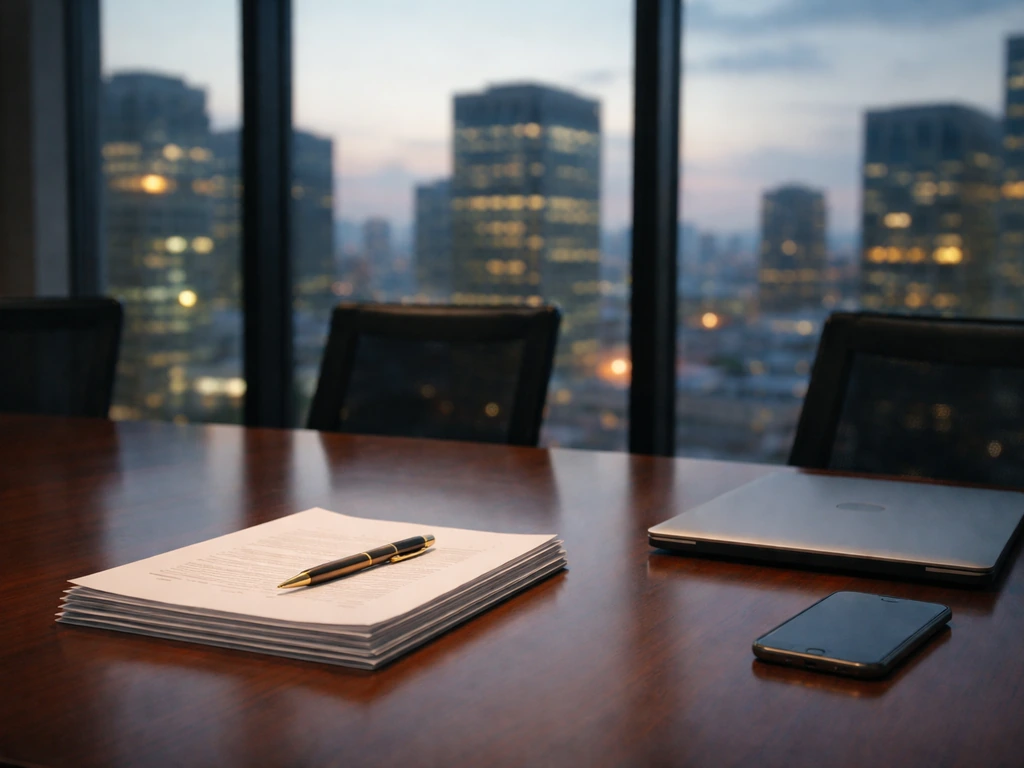 Empty conference room with gold pen and stack of documents, evening city lights outside.