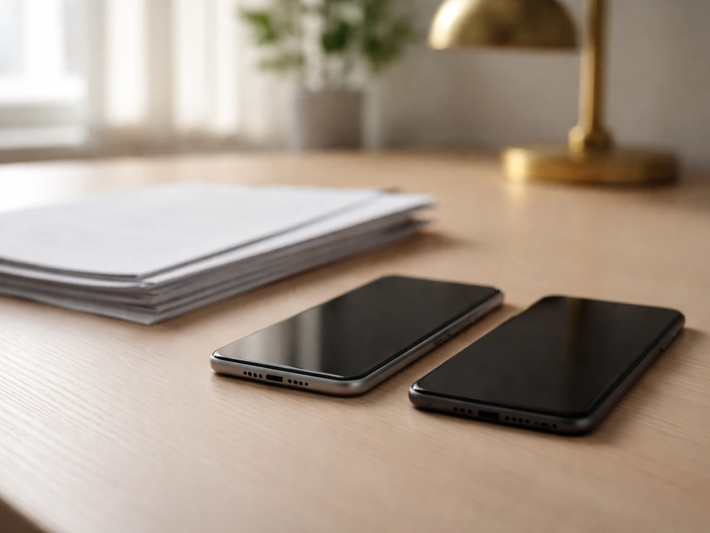 Minimal office desk with two smartphones and a small stack of documents to suggest differing finance estimates.