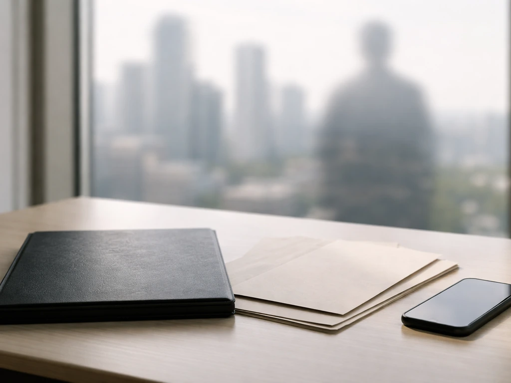 Minimal desk scene with financial disclosure papers and a blurred city skyline, symbolizing public-market wealth verific
