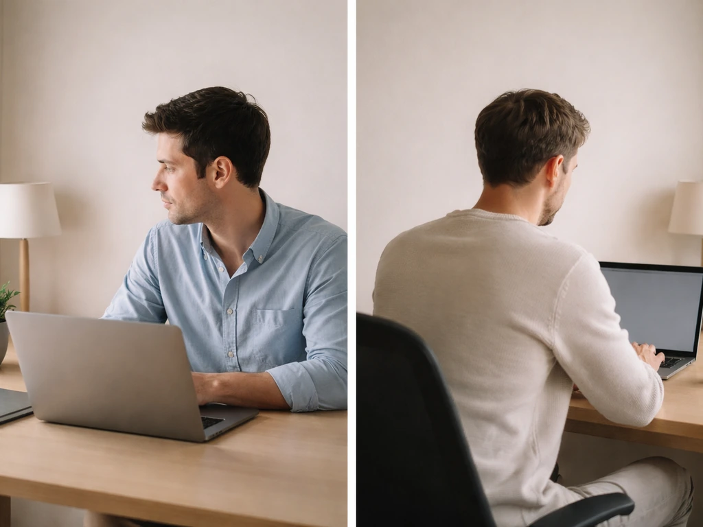 Two similar men in separate minimal home-office scenes, helping distinguish identities without showing any names.
