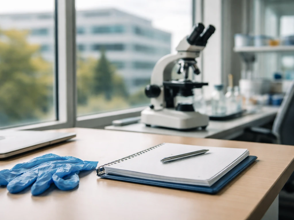 Minimal biotech CEO-style office scene with lab equipment and a blurred corporate building outside window