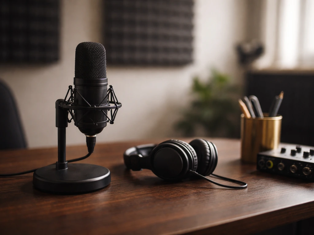 Minimal photo of a recording studio desk with a microphone and polished desk items, suggesting music executive work