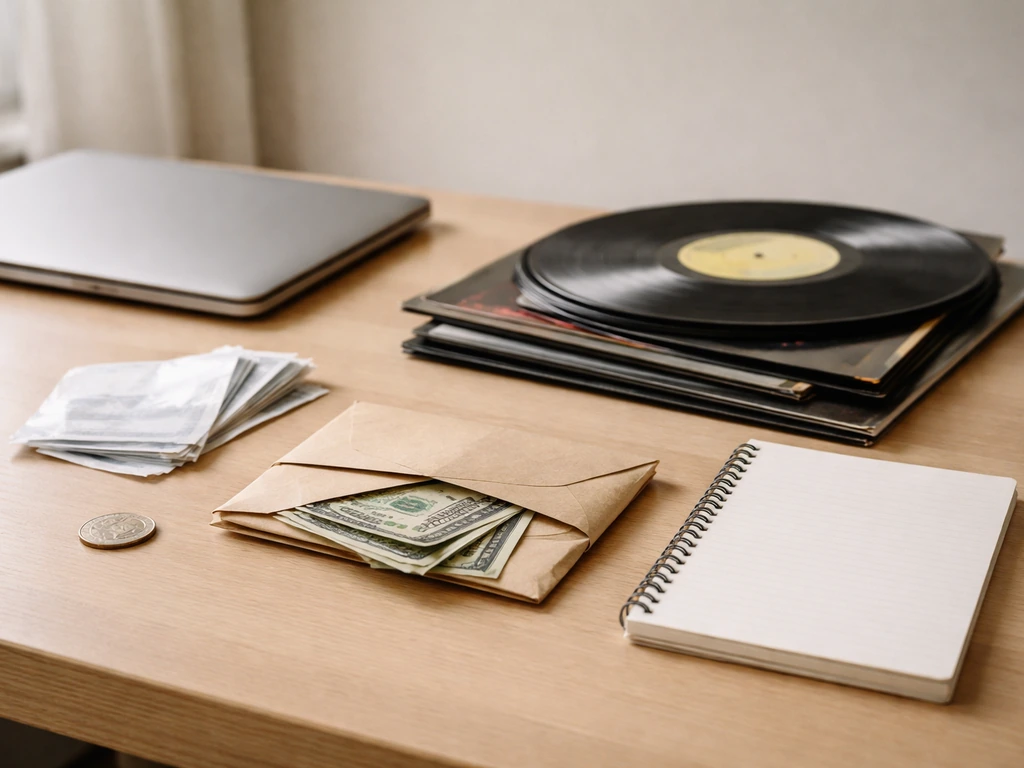Minimal office scene with a closed laptop, cash envelope, and music-themed vinyl near a notepad