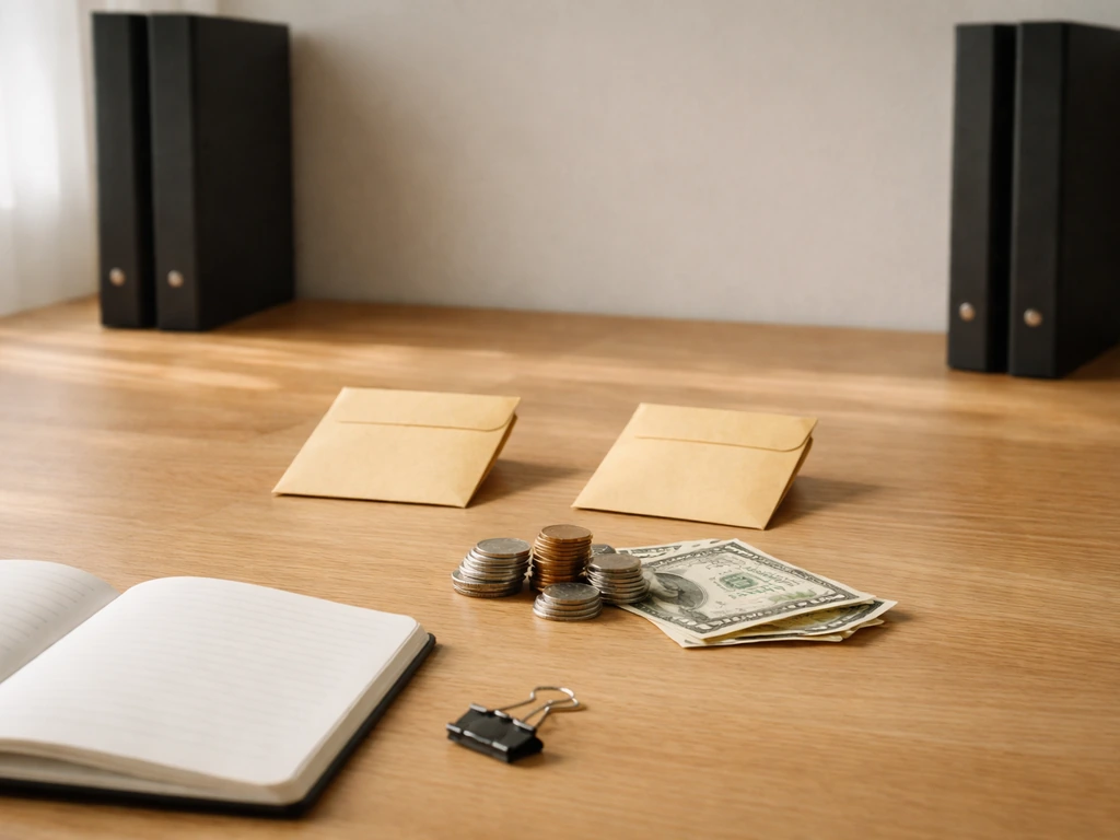 Minimal desk scene with coins, envelopes, and binders suggesting shared music rights.