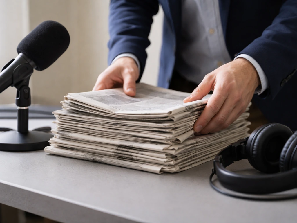Hands arranging newspapers on a desk beside a microphone and headphones in a simple broadcast setting