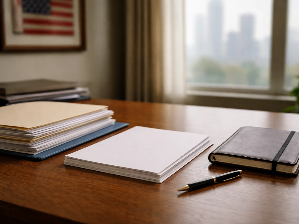 Minimal office desk with speech notes, notebook, pen, and blank letterhead-style stationery.
