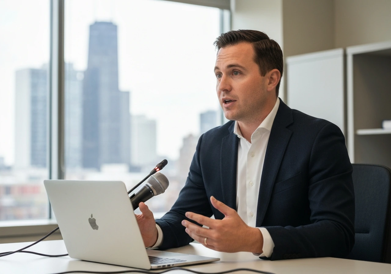 Anonymous sports finance executive speaking in a Chicago-style office with a laptop and city views.