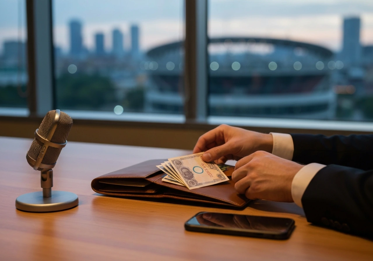 Anonymous hands organize a leather portfolio with envelopes on a tidy desk, city skyline blurred behind.