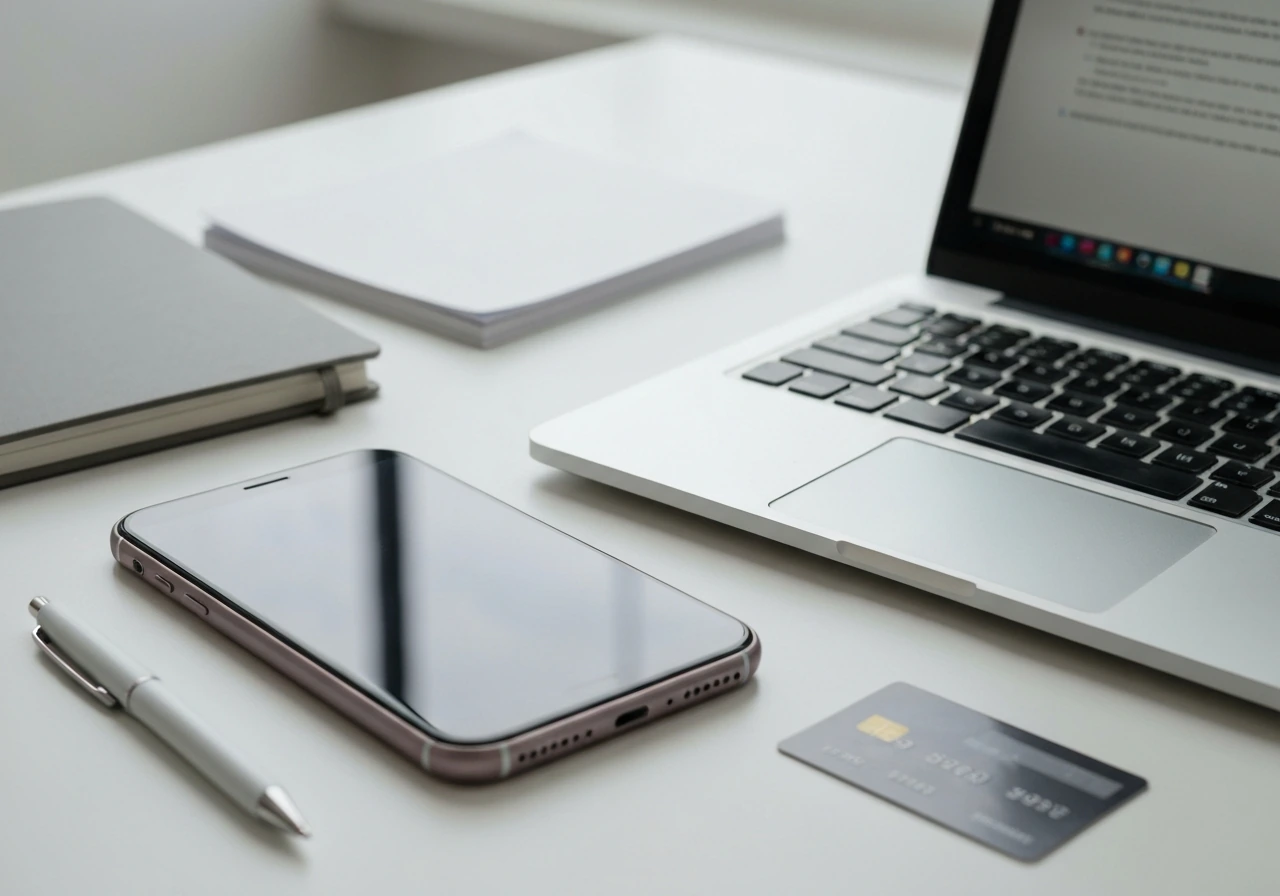 Minimal desk scene with smartphone and laptop suggesting self-verification of varying finance numbers