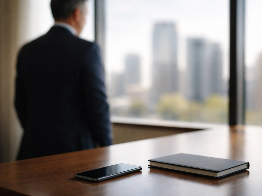 Anonymous business setting with desk items and a blurred city view, symbolizing correct identity confirmation before fin