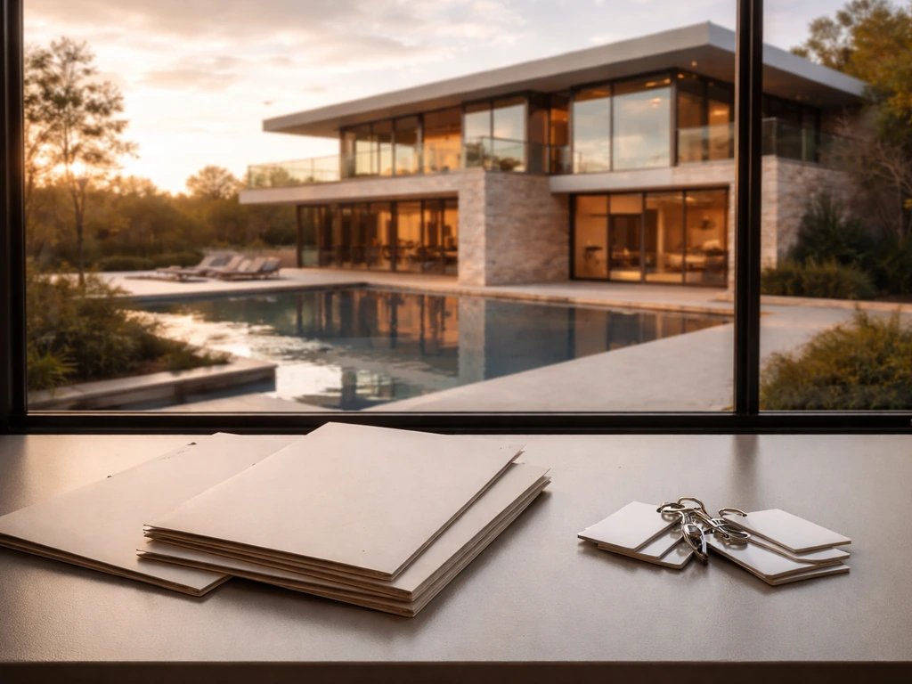 Sunlit modern luxury house and a neatly arranged set of blank property portfolio folders on a desk