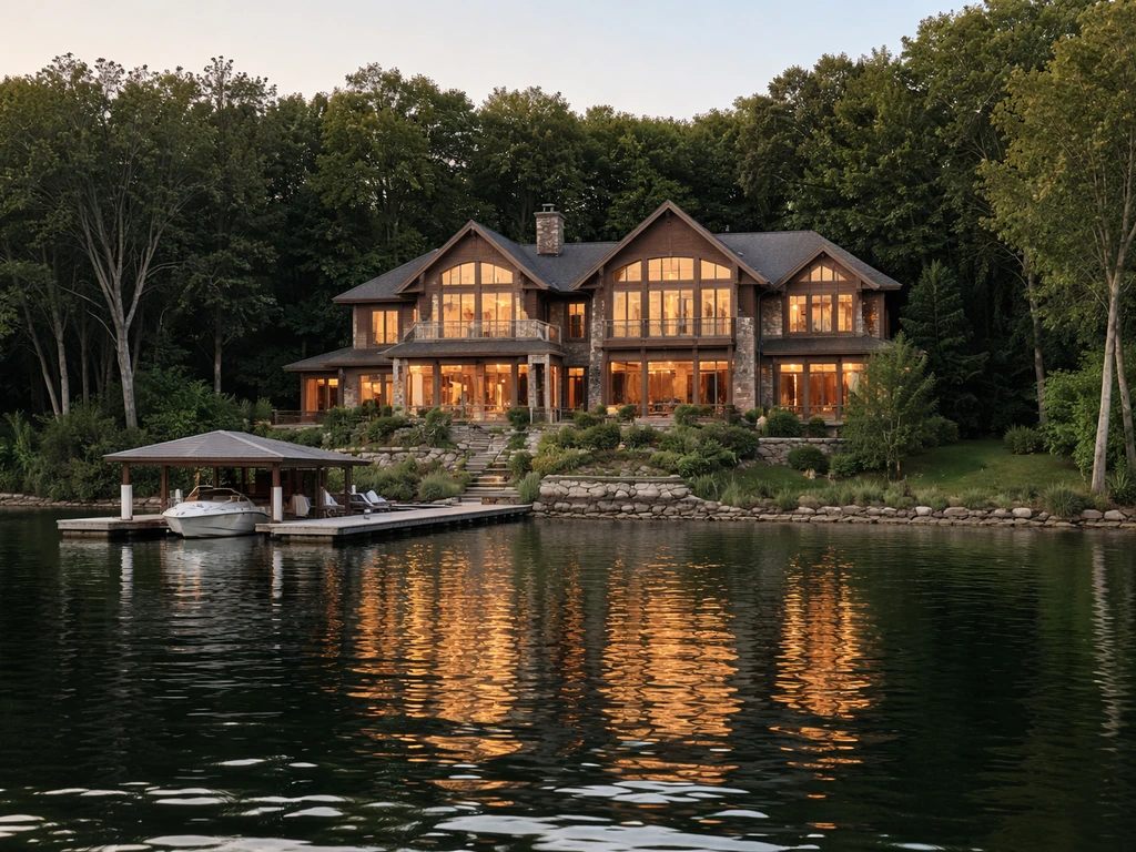 Lakefront luxury mansion with a dock and calm water in the foreground, no people, natural light.