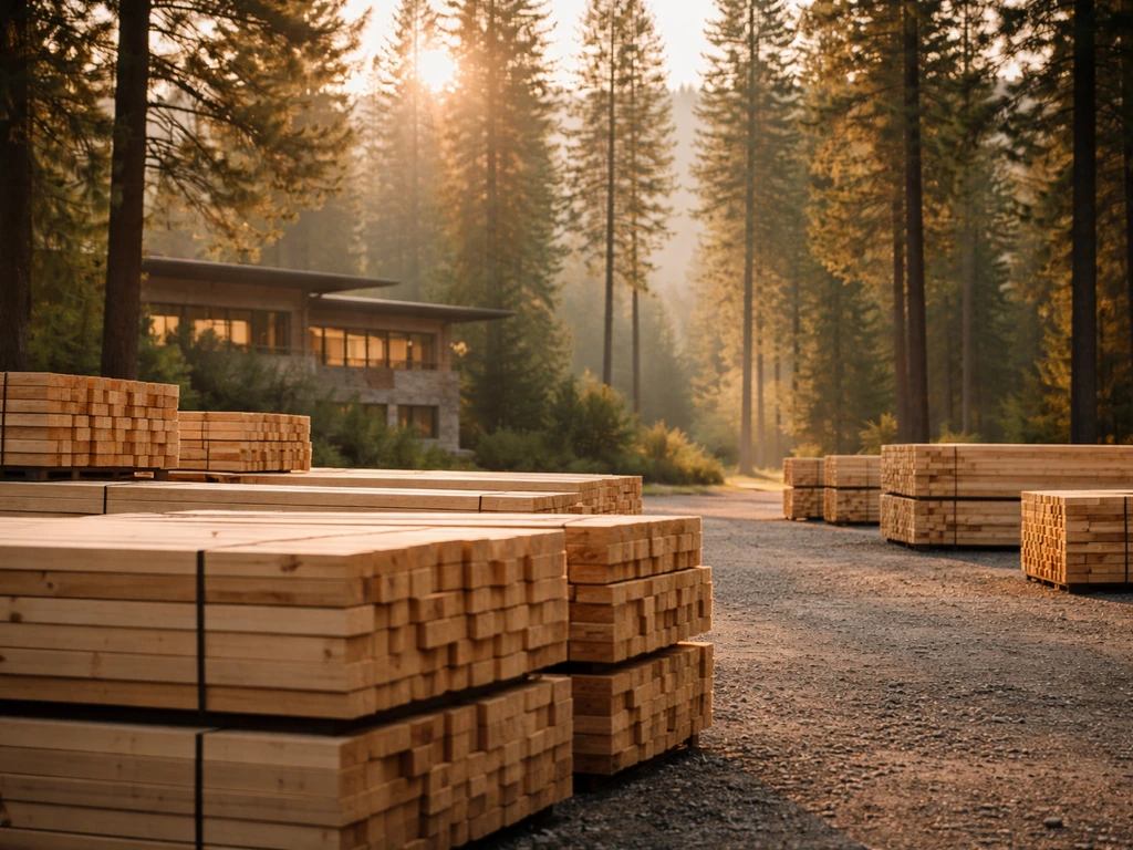 Serene northern Idaho timber yard at golden hour with lumber stacks and a businesslike office window glow