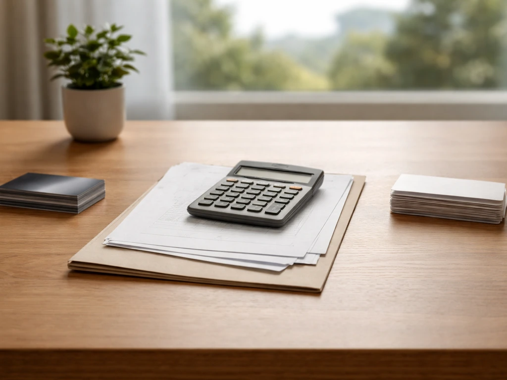 Minimal photo of a desk with scattered documents and a calculator, symbolizing assets minus liabilities