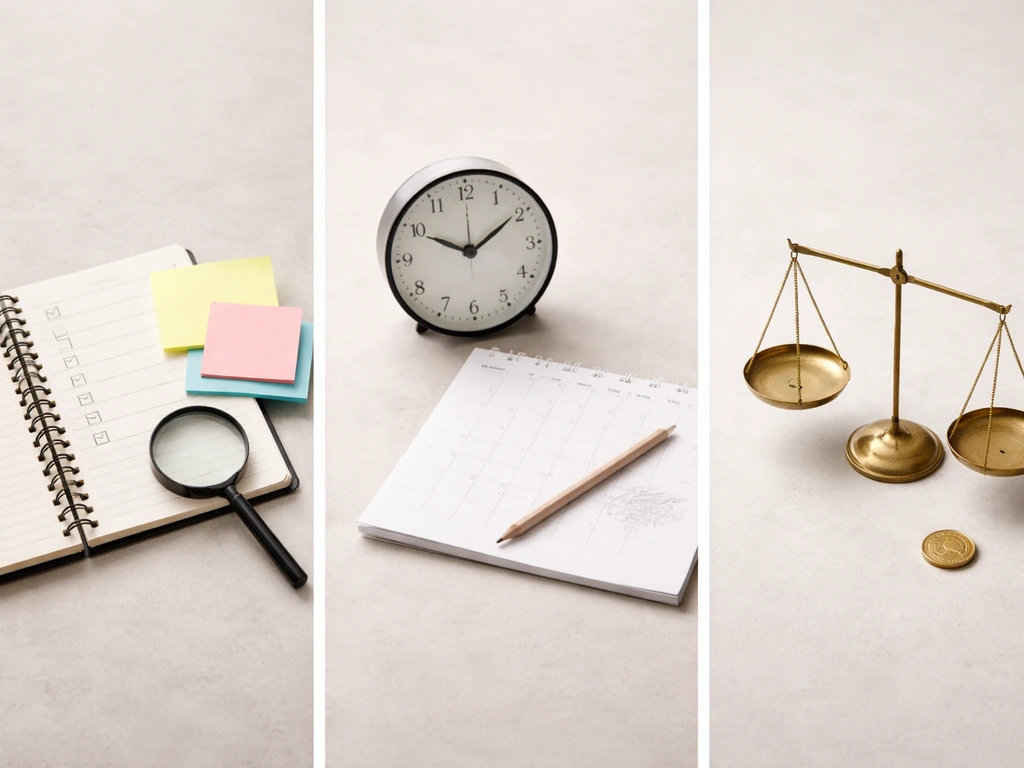 Minimal photo showing three separate desk scenes side-by-side: checklist, clock, and scales symbols without text.