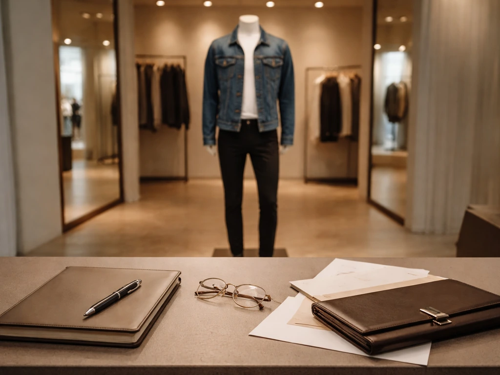 Upscale fashion studio scene with a denim-clad mannequin, leather portfolio, and documents suggesting business and wealt