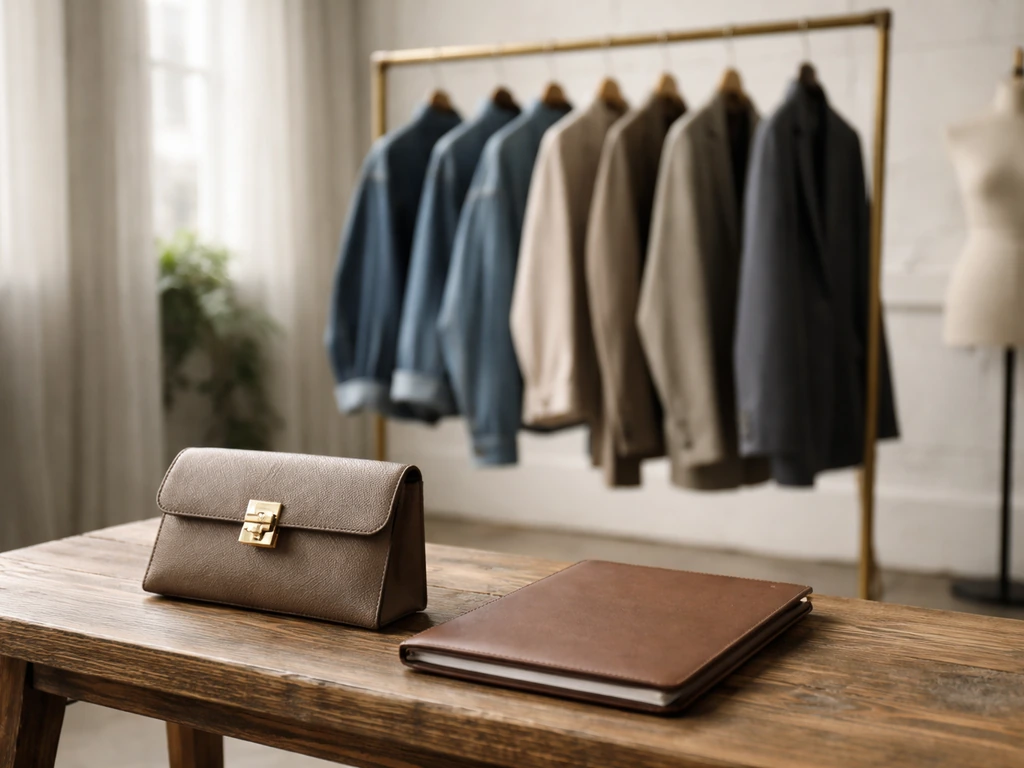 Minimal photo of a fashion entrepreneur’s world: vintage fashion showroom coats and a gold-toned key icon-like prop