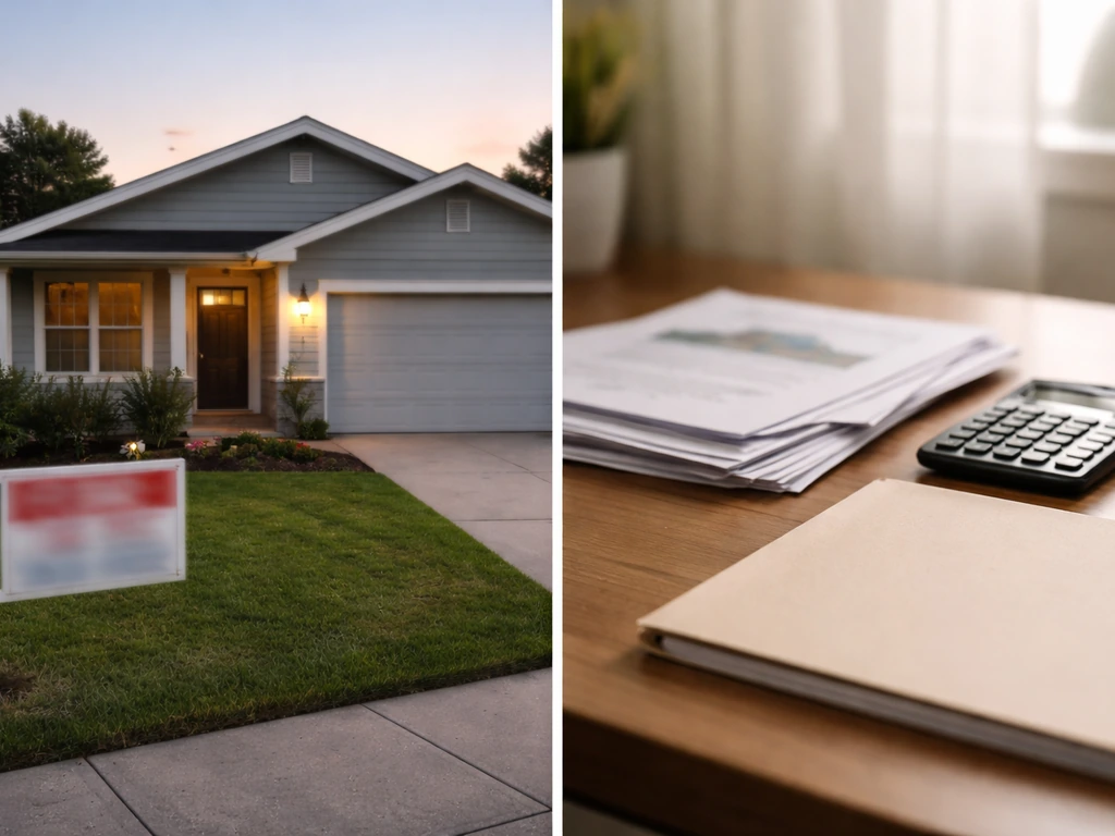 Split view of a house listing photo and a property-record style scene with documents and a calculator