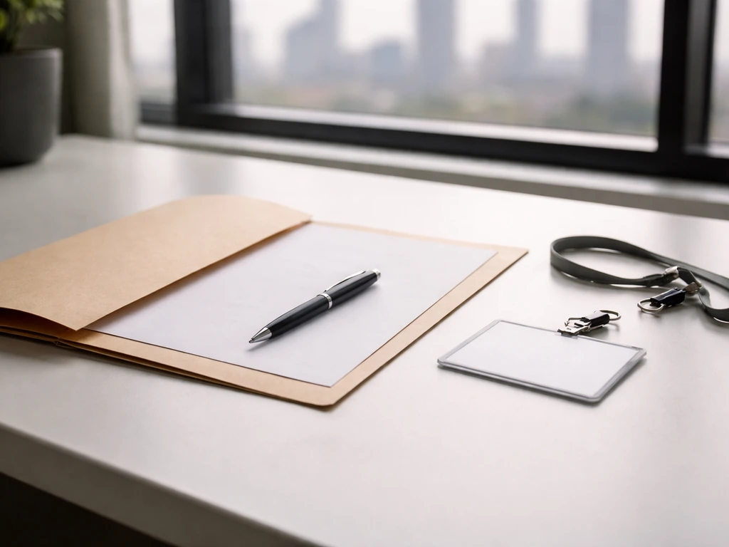 Minimal office desk scene with an open folder and blank resignation letter implying a 2018 resignation turning point.