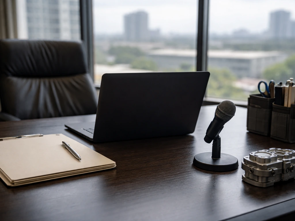 Minimal office desk with laptop and unbranded microphone, subtle defense-industry hardware, no person visible.